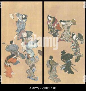 Japon : deux groupes d'hommes et de femmes dansant.Décoration à suspendre, XVIIe siècle.Yamato-e est un style de peinture japonaise inspiré des peintures de la dynastie Tang et développé à la fin de la période Heian.Il est considéré comme le style japonais classique.Depuis la période Muromachi (XVe siècle), le terme Yamato-e a été utilisé pour distinguer les œuvres des peintures de style chinois contemporain (kara-e), inspirées par les peintures du bouddhisme zen de la dynastie Song et Yuan.Les Yamato-e parlent souvent de thèmes narratifs avec du texte, montrent la beauté de la nature, par exemple des lieux célèbres (meisho-e). Banque D'Images