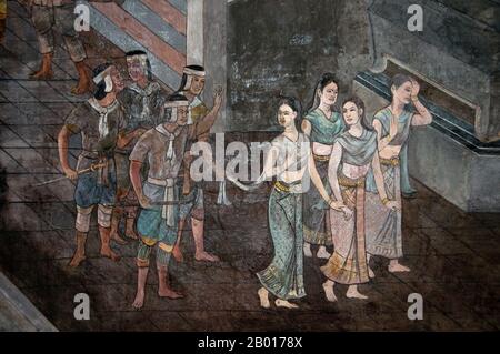 Thaïlande: Soldats et femmes, une scène d'une murale dans le principal viharn, Wat Rakhang, Bangkok.Wat Rakhang Kositaram Woramahawihan (Rakang) a été construit à l'origine pendant la période Ayutthaya (1351 - 1767), mais a été rénové par le roi Bouddha Yodfa Chulaloke (Rama I, 20 mars 1736 – 7 septembre 1809), et se trouve sur le côté Thonburi de la rivière Chao Phraya de Bangkok.Rama J'ai vécu dans le complexe du temple avant qu'il ne devienne roi. Banque D'Images