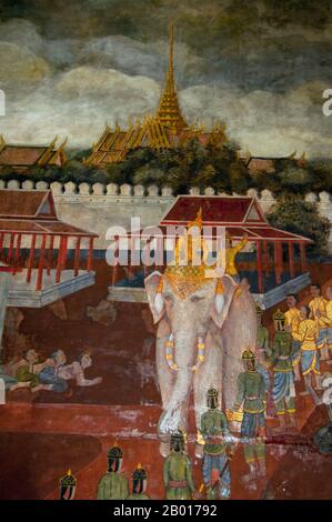 Thaïlande: Le roi sur dos d'éléphant, une scène d'une murale dans le viharn principal, Wat Rakhang, Bangkok.Wat Rakhang Kositaram Woramahawihan (Rakang) a été construit à l'origine pendant la période Ayutthaya (1351 - 1767), mais a été rénové par le roi Bouddha Yodfa Chulaloke (Rama I, 20 mars 1736 – 7 septembre 1809), et se trouve sur le côté Thonburi de la rivière Chao Phraya de Bangkok.Rama J'ai vécu dans le complexe du temple avant qu'il ne devienne roi. Banque D'Images