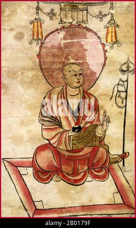 Chine: L'arhat bouddhiste Kalika représenté comme un moine itinérant.Toile de défilement suspendue, Grottes de Mogao, Dunhuang, 8th siècle.Les dix-huit Arhats ( Shíba Luohan) sont des individus représentés dans le bouddhisme de Mahayana qui ont suivi le chemin de l'Eightfold et ont atteint les quatre étapes de l'éclaircissement, et sont également les disciples originaux du Bouddha.Ils ont atteint l'état de Nirvana et sont libres de fringales.Ils sont chargés de protéger la foi bouddhiste et d'attendre sur terre la venue de Maitreya, un Bouddha éclairé prophétisé.