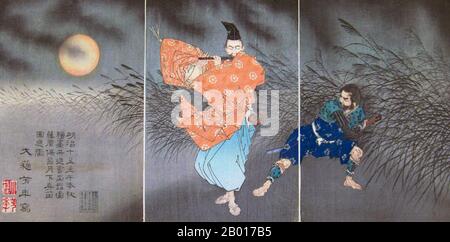 Japon:' Fujiwara no Yasumasa jouant la flûte by Moonlight'.Ukiyo-e Woodblock triptych par Tsukioka Yoshitoshi (30 avril 1839 - 9 juin 1892), 1883.Tsukioka Yoshitoshi, également appelé Tiso Yoshitoshi, était un artiste japonais.Il est largement reconnu comme le dernier grand maître d'Ukiyo-e, un type d'impression de blocs de bois japonais.Il est également considéré comme l'un des plus grands innovateurs de la forme.Sa carrière s'est étendue à deux époques : les dernières années du Japon féodal et les premières années du Japon moderne après la restauration de Meiji. Banque D'Images