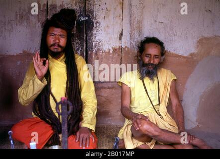 Népal: Sadhus à Pashupatinath, Katmandou.Ils sont connus, varieusement, comme sadhus (saints, ou 'bons'), yogis (praticiens ascétiques),Fakirs (sébateur ascétique après la vérité) et sannyasins (mendiants errants et ascétiques errants).Ils sont les praticiens ascétiques – et souvent excentriques – d’une forme austère d’hindouisme.Juré de rejeter les désirs terrestres, certains choisissent de vivre comme anchorites dans le désert.D'autres sont moins à la retraite, en particulier dans les villes et les temples de la vallée de Katmandou au Népal. Banque D'Images