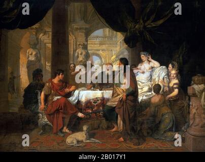 Égypte/pays-Bas: «le banquet de Cleopatra».Peinture à l'huile sur toile par Gerard de Lairesse (11 septembre 1641 - juin 1711), c.1675-1680.Cleopatra VII (69-30 BCE) était le dernier pharaon de l'Égypte ancienne et le dernier de la dynastie Ptoléméenne.Dans cette scène de sa cour d'Alexandrie, Cleopatra a parié son amant Mark Anthony qu'elle pourrait accueillir le banquet plus cher.Après avoir accepté le pari, Cleopatra a enlevé l'une de ses boucles d'oreilles de perle, l'a dissoute dans le vinaigre, puis l'a bu.Elle est en train de retirer sa deuxième boucle d'oreille lorsqu'elle est arrêtée par l'ancien sénateur romain Lucius Plancus. Banque D'Images