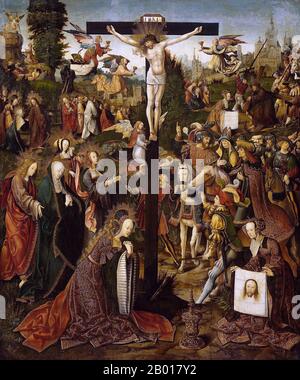 Pays-Bas: 'La Crucifixion'.Huile sur tableau de Jacob Cornelisz van Oostsanen (c.1472/1477-1533), chap1507-1510.Dans cette célèbre scène du Nouveau Testament de la Bible chrétienne, Jésus-Christ est crucifié.Il est cloué à une croix portant les initiales «INRI»—Iesus Nazerenus, Rex Iudaeorum», signifiant «Jésus de Nazareth, roi des Juifs»—signifiant le ridicule de lui par les Romains.Les anges volent à proximité, collectant le sang de Jésus dans leurs gobelets.Au pied de la croix, richement habillée et avec un halo autour de ses cheveux dorés, Mary Magdalene prie. Banque D'Images