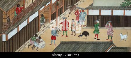 Japon: "The Trading Post à Dejima".Peinture de soie à la main par un peintre anonyme, c.1840. Peint sur un «makimono» de 6 mètres de soie et de papier, une peinture japonaise à spirales, cette scène représentant les commerçants hollandais de Dejima, près de Nagasaki, indique la manière dont les étranges Européens ont été vus par les Japonais pendant la période Edo.Les Hollandais ont tous des cheveux rougeâtres-bruns, portent des costumes extravagants et enlevent leurs chapeaux les uns les autres.Dejima, ou Deshima (littéralement «sortie de l'île»), est une petite île artificielle construite pour les commerçants étrangers dans la baie de Nagasaki en 1634 pendant la période Edo. Banque D'Images