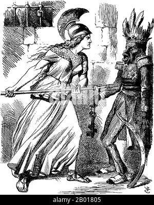 Ethiopie: Britannia demande Tewodros II 'maintenant alors, le roi Théodore!Et ces prisonniers?"Caricature dans 'Punch' par John Tenniel (28 février 1820 - 26 février 1914), 1867.L'expédition britannique de 1868 en Abyssinie était une expédition punitive effectuée par les forces armées de l'Empire britannique contre l'Empire éthiopien.L'empereur Tewodros II d'Éthiopie, également connu sous le nom de « Théodore », a emprisonné plusieurs missionnaires et deux représentants du gouvernement britannique.L'expédition punitive a navigué de Bombay dans plus de 280 bateaux à vapeur et à voile, transportant plus de 13 000 soldats britanniques et indiens. Banque D'Images