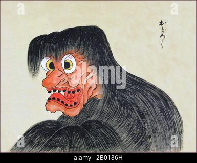 Japon: L'Odoroshi est un monstre à face rouge avec de grands yeux, des dents noires et des cheveux longs.Du Bakemono Zukushi Monster Scroll, époque Edo (1603-1868), 18th-19th siècle.Le bakemono Zukushi Handscroll, peint dans la période Edo (18th-19th siècle) par un artiste inconnu, dépeint 24 monstres traditionnels qui hantent traditionnellement des gens et des localités au Japon. Banque D'Images