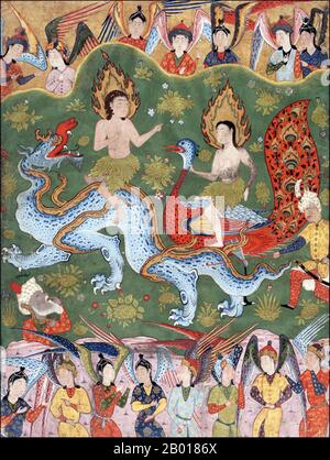 Iran: 'Expulsion d'Adam et Eve'.Folio tiré d'une copie de la Falnama (Livre des omens) attribuée à Ja’far al-Sadiq, dynastie Safavide, ca.1550. Falnama se réfère au Livre des omens utilisé dans le monde islamique antique pour aider à prédire l'avenir.Les personnes cherchant à connaître l'avenir s'engageraient dans une série de rituels de purification, se tourneraient vers une page aléatoire dans la Falnama, et interpréteraient le texte et les dessins à ce sujet pour le bon ou pour le mauvais.Les Falnama ont été créés principalement au cours des siècles 16th et 17th, l'approche du millénaire islamique ayant suscité des inquiétudes quant à l'avenir. Banque D'Images