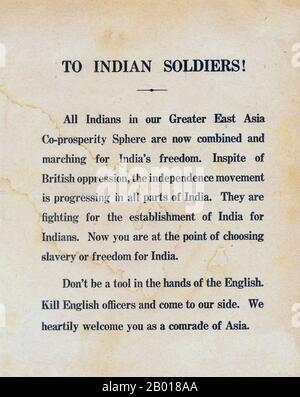 Inde: Dépliant de propagande de guerre de la Ligue pour l'indépendance indienne - "tuez les officiers anglais et venez à nos côtés". De telles tracts ont été larguées par des avions japonais et ont par ailleurs circulé subrepticement, c. 1941-1944. Chine Birmanie India Theatre (CBI) était le nom utilisé par l'armée américaine pour ses forces opérant en collaboration avec les forces aériennes et terrestres alliées britanniques et chinois en Chine, en Birmanie et en Inde pendant la Seconde Guerre mondiale Les unités américaines bien connues dans ce théâtre comprenaient les Tigres volants, les unités de transport et de bombardier volant le Hump, et le 1st Air Commando Group, les ingénieurs qui ont construit Ledo Road. Banque D'Images