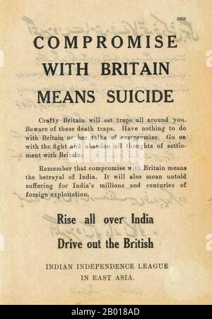 Inde: "Le compromis avec la Grande-Bretagne signifie le suicide". Dépliant de propagande de la Indian Independence League, anglais d'un côté, ourdou au dos. c. 1941-1944. Chine Birmanie India Theatre (CBI) était le nom utilisé par l'armée américaine pour ses forces opérant en collaboration avec les forces aériennes et terrestres alliées britanniques et chinois en Chine, en Birmanie et en Inde pendant la Seconde Guerre mondiale Les unités américaines bien connues dans ce théâtre comprenaient les Tigres volants, les unités de transport et de bombardier volant le Hump, et le 1st Air Commando Group, les ingénieurs qui ont construit Ledo Road. Banque D'Images