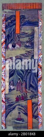Chine : peinture à spirales des grottes de Mogao représentant le jeune Bouddha Sakyamuni dont la tête est rasée. 8th-9th Century ce. Les grottes de Mogao, ou les grottes de Mogao (chinois : Mògāo Kū), également connue sous le nom de grottes des mille bouddhas et des grottes de Dunhuang, forment un système de 492 temples à 25 km (15,5 miles) au sud-est du centre de Dunhuang, une oasis stratégiquement située à un carrefour religieux et culturel sur la route de la soie, dans la province de Gansu, en Chine. Les grottes contiennent quelques-uns des plus beaux exemples d'art bouddhiste sur une période de 1 000 ans. Les premières grottes ont été creusées en 366 ce. Banque D'Images