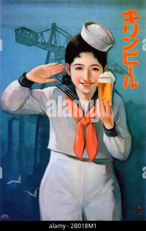 Japon : affiche publicitaire pour Kirin Beer, 1933. Une « fille ailier » joyeuse proffers un verre de Kirin Beer, grues de chantier en arrière-plan. Banque D'Images