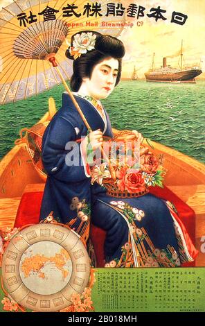 Japon: Affiche publicitaire pour la Compagnie Japan Mail Steamship, 1910. Japan Mail Steamship Co. (NYK) affiche publicitaire présentant une jeune femme dans un kimono avec un parasol emportant un petit bateau à un paquebot. La carte (en bas à gauche) montre une route transpacifique vers l'Amérique du Nord. Banque D'Images