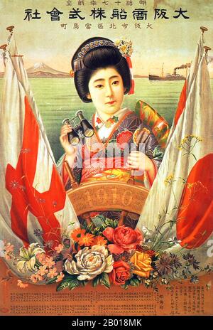 Japon : affiche publicitaire pour la société Osaka Mercantile Steamship, 1909. Osaka Mercantile Steamship Co., affiche présentant une femme vêtue de kimono avec une paire de jumelles. La tradition rencontre la modernité. Banque D'Images