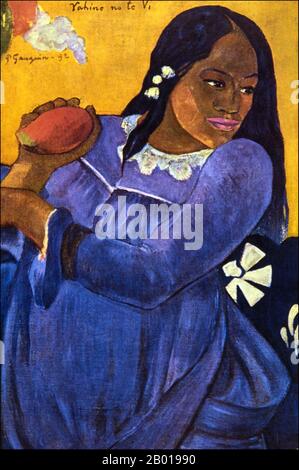 Tahiti: 'Vahine No te VI' (femme avec un Mango). Peinture à l'huile sur toile par Paul Gauguin (7 juin 1848 - 8 mai 1903), 1892. Paul Gauguin est né à Paris en 1848 et a passé une partie de son enfance au Pérou. Il a travaillé comme courtier en Bourse avec peu de succès et a souffert de crises de dépression grave. Il a également peint. En 1891, Gauguin, frustré par le manque de reconnaissance à la maison et financièrement indigente, navigue vers les tropiques pour échapper à la civilisation européenne et "tout ce qui est artificiel et conventionnel". Son temps il y avait le sujet de beaucoup d'intérêt à l'époque et dans les temps modernes. Banque D'Images
