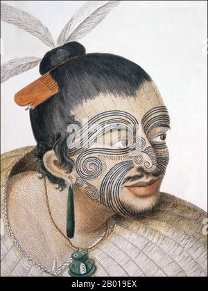 Nouvelle-Zélande : un chef maori avec tatouage de moko facial. Gravure par Thomas Chambers après Sydney Parkinson (1745 - 26 janvier 1771), 1769. Un portrait de la tête et des épaules d'un Māori, ses cheveux dans un nœud avec des plumes et un peigne osseux, un moko facial complet, un anneau d'oreille en pierre verte, un tiki et un manteau de lin. Il a une petite barbe et une moustache. Sydney Parkinson a été l'artiste lors du premier voyage du capitaine Cook en Nouvelle-Zélande en 1769. Tā moko est l'organisme permanent et le visage marqué par Māori, le peuple autochtone de Nouvelle-Zélande. Banque D'Images