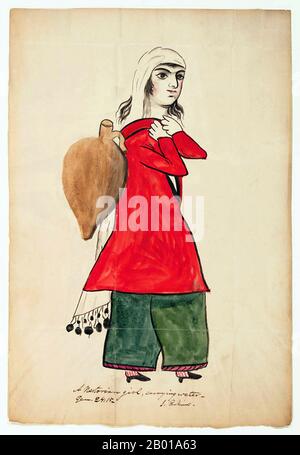 Iran: 'Une fille Nestorienne transportant de l'eau'. Croquis aquarelle de Justin Perkins (1805-1869), Urmia, 1839. Justin Perkins est né dans une ferme du Massachusetts et a fait ses études à Amherst et au séminaire théologique d'Andover. De 1833 jusqu'à peu avant sa mort en 1869, il a servi comme missionnaire auprès des chrétiens Nestoriens de Qentra Iran (1794-1925) sous les auspices de la Commission américaine des commissaires des missions étrangères. Il a été le premier missionnaire américain à Qajar Iran, ainsi qu'un éminent érudit de Syriac. Il a développé un alphabet pour l'écriture de Syriac moderne. Banque D'Images