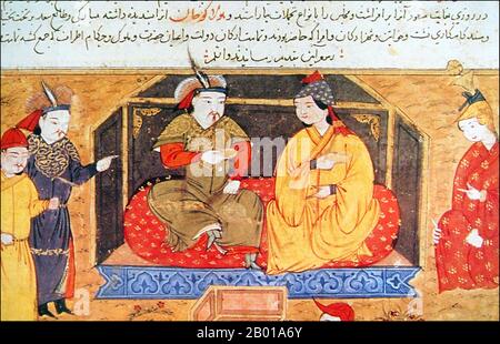 Iran/Mongolie: Hulagu Khan (c. 1217 - 8 février 1265) avec son épouse chrétienne Nestorienne Dokuz Khatun, de Rashid-al-DIN Hamadani (1237-1318), 'Histoire du monde', 14th siècle. Hulagu Khan, également connu sous le nom de Hülegü, Hulegu ou Halaku, était un dirigeant mongol qui a conquis une grande partie de l'Asie du Sud-Ouest. Fils de Tolui et de la princesse Kerait Sorghaghtani Beki, il était petit-fils de Gengis Khan, et frère d'Arik Boke, Möngke Khan et Kublai Khan. L'armée de Hulagu a considérablement étendu la partie sud-ouest de l'Empire mongol, en fondant l'Ilkhanate de Perse, précurseur de la dynastie Safavide. Banque D'Images