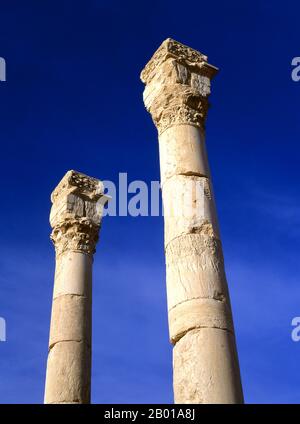 Syrie : piliers, Palmyra. Palmyra était une ancienne ville de Syrie. C'était une ville importante dans le centre de la Syrie, située dans une oasis à 215 km au nord-est de Damas et à 180 km au sud-ouest de l'Euphrate à Deir ez-Zor. Elle a longtemps été une ville de caravane vitale pour les voyageurs traversant le désert syrien et était connue sous le nom de la mariée du désert. La référence la plus ancienne documentée à la ville par son nom sémitique Tadmor, Tadmur ou Tudmur (qui signifie 'la ville qui se repend' en Amorite et 'la ville indomitable' en araméen) est enregistrée dans les comprimés babyloniens trouvés à mari. Banque D'Images