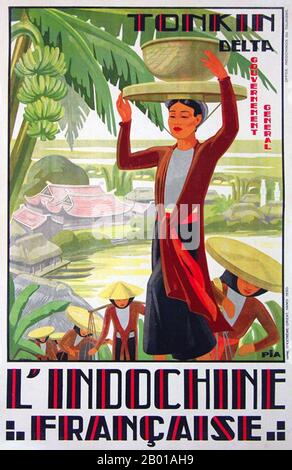 Vietnam : affiche touristique vintage annonçant le delta de la rivière Rouge à Tonkin, Indochine française, c. 1930. Affiche de tourisme publicitaire Indochine française ou Indochine française. L'Indochine française comprenait le Vietnam (Tonkin, Annam et Cochin Chine) ainsi que le Laos et le Cambodge. Banque D'Images