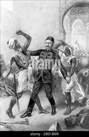 Soudan/Royaume-Uni: 'Mort du général Gordon à Khartoum'. Imprimé photomécanique par Jean Leon Gerome Ferris (8 août 1863 - 18 mars 1930), 1895. Le major-général Charles George Gordon (28 janvier 1833 - 26 janvier 1885), également connu sous le nom de Chinois Gordon et Gordon Pasha, était un officier et administrateur de l'armée britannique qui a vu l'action dans la guerre de Crimée et en Chine. Il a servi le Khedive d'Égypte en 1873, devenant le Gouverneur général du Soudan. Le général Gordon a été tué à Khartoum par les forces du Mahdiste pendant la guerre du Mahdiste sur 26 janvier 1885, et sa mort a été romancée au Royaume-Uni. Banque D'Images