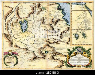 Afrique du Nord-est: Carte du Nil de sa source en Abyssinie à la Méditerranée, par Vincenzo Maria Coronelli (16 août 1650 - 9 décembre 1718), 1690. Cartographe vénitien, Coronelli cite ses sources pour cette carte du Nil, y compris les Jesuits portugais Pedro Páez et Jerónimo Lobo, et contraste son travail avec un encart montrant le cours « original » (c'est-à-dire, désuet) du Nil tel que présenté par les géographes passés, Qui a suivi la tradition ptolemaienne de deux lacs sources. Banque D'Images