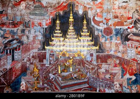 Thaïlande: Murale du sud, Wat Buak Khrok Luang, Chiang Mai. Wat Buak Khrok Luang, situé à Ban Buak Khrok Luang Moo 1, Chiang Mai – Sankamphaeng Road, Chiang Mai, est un petit temple bouddhiste typiquement thaïlandais du nord. Il aurait été fondé au 15th siècle à l'époque du Royaume indépendant LAN Na (1292-1558), et a été largement restauré pendant le règne de Chao Kaew Naowarat (r. 1911-1939), le dernier roi de Chiang Mai. Le temple est surtout remarquable pour son principal viharn, qui est purement LAN Na en inspiration. Banque D'Images