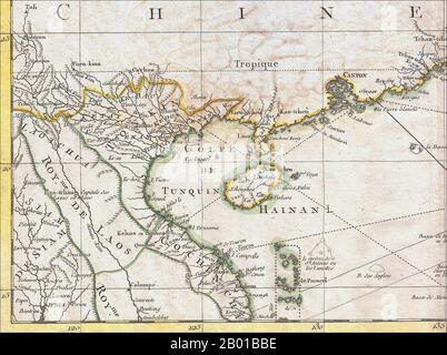 Vietnam/Chine: Carte de Tonkin (Vietnam), Chine, Formosa (Taiwan) et Luzon (Philippines), par Rigobert bonne (1727-1795), 1771. Détails montrant le golfe de Tonkin, les îles Paracels et l'île Hainan. La carte de bonne de Tonkin et de la mer de Chine méridionale/mer de l'est en 1771 est importante et controversée car elle montre clairement l'île de Hainan (contour jaune) appartenant à la Chine et, plus particulièrement, les îles Paracel - actuellement disputées entre la Chine et le Vietnam mais occupées par la première - en vert, comme territoire vietnamien. Les Spratlys contestés ne sont pas représentés sur la carte. Banque D'Images