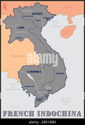 Indochina: Carte de l'Indochine française montrant Tonkin, Annam et Cochinchina (toutes les parties du Vietnam) ainsi que le Laos et le Cambodge, mais excluant Guangzhouwan en Chine. Carte par US Air Force, 20th Century. Français Indochine (français: Indochine française; vietnamien: Đông Dương thuộc Pháp, souvent abrégé en Đông Pháp) faisait partie de l'empire colonial français en Asie du Sud-est. Une fédération des trois régions vietnamiennes, Tonkin (Nord), Annam (Centre) et Cochinchina (Sud), ainsi que le Cambodge, a été créée en 1887. Le Laos a été ajouté en 1893 et le Guangzhouwan (Kouang-Tchéou-WAN) en 1900. Banque D'Images