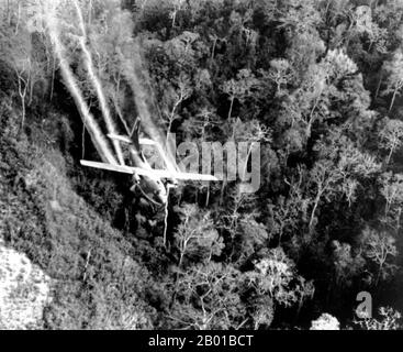 Vietnam: Une US Air Force C-123 vole bas le long d'une route sud-vietnamienne tout en pulvérisant des défoliants sur la croissance dense de la jungle pour éliminer les sites d'embuscade pour le NLF (Viet Cong) pendant la guerre du Vietnam, mai 1966. La deuxième guerre d'Indochine, connue en Amérique sous le nom de guerre du Vietnam, a été un conflit militaire de l'époque de la Guerre froide qui s'est produit au Vietnam, au Laos et au Cambodge du 1 novembre 1955 à la chute de Saigon le 30 avril 1975. Cette guerre a suivi la première Guerre d'Indochine et a été menée entre le Nord du Vietnam, soutenu par ses alliés communistes, et le gouvernement du Sud Vietnam, soutenu par les États-Unis Banque D'Images