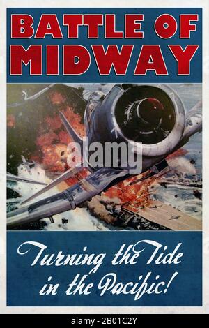 Etats-Unis/Japon: Affiche commémorative célébrant la victoire des Etats-Unis sur le Japon impérial à Midway, le 4-7 juin 1942. Illustration par Larry Wolfe (domaine public), 2011. La bataille de Midway est largement considérée comme la plus importante bataille navale de la campagne du Pacifique de la Seconde Guerre mondiale Entre le 4 et le 7 juin 1942, environ un mois après la bataille de la mer de Corail et six mois après l'attaque du Japon sur Pearl Harbor, la Marine américaine a résolument battu une attaque de la Marine impériale japonaise (IJN) contre l'atoll Midway, infligeant des dommages irréparables à la flotte japonaise. Banque D'Images