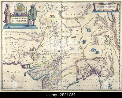 Asie: 'magni Mogolis Imperium' ou 'le Grand Empire Moghul'. Carte by Willem Blaeu (1571-1638) & Joan Blaeu (1596-1673), Amsterdam, 1648 Carte célèbre et élégante de Willem et Joan Blaeu de l'Empire Moghul. La carte montre le Gange, le Bengale, Delhi, Lahor, Cashmere et Kaboul; les décorations comprennent une cartouche ornée, des galléons, des éléphants et des chameaux. D'un intérêt particulier, à l'est de l'empire Moghul, le spécieux 'Chiamay Lacus' ou 'Lac Chiang Mai' est particulièrement grand et est représenté comme la source de cinq grands fleuves se vidant dans la baie du Bengale et la mer de Chine méridionale. Banque D'Images