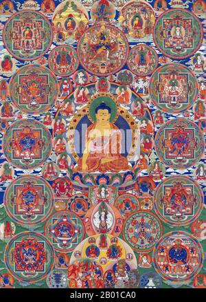 Bhoutan: Un mandala bouddhiste de Seula Gompa, Punakha, 19th siècle. Un mandala est une configuration géométrique de symboles, utilisée pour attirer l'attention des praticiens et des adepts, et comme outil d'orientation spirituelle. Dans le bouddhisme, il est également utilisé comme carte pour représenter les divinités. On estime qu'entre les deux tiers et les trois quarts de la population bhoutanaise suivent le bouddhisme vajrayana, qui est aussi la religion d'État. Environ un quart à un tiers sont des adeptes de l'hindouisme. Le bouddhisme a été introduit au Bhoutan dans le 7th siècle après J.-C. Banque D'Images