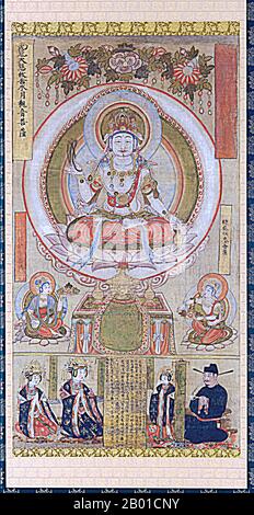 Chine: 'Guanyin de la Lune d'eau'. Peinture à défilement suspendu, dynastie de la chanson du Nord, Dunhuang, 968 ce. Cette peinture en soie bouddhiste dépeint le bodhisattva de la compassion et a été parmi les premiers récupérés dans les grottes de Mogao à Dunhuang (aujourd'hui province de Gansu) au début du 20th siècle. Banque D'Images