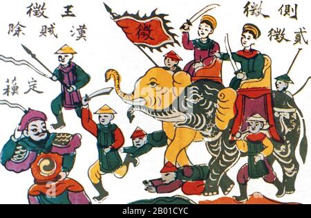 Vietnam : les Sœurs Trung (Hai Ba Trung) sur les éléphants de guerre qui fuient les Chinois. Peinture traditionnelle du village de Dong Ho, 20th siècle. Les Sœurs Trưng (c. 12-43 ce), connu en vietnamien sous le nom de Hai Bà Trưng (littéralement "les deux Dames Trưng"), et individuellement sous le nom de Trưng Trắc et Trưng Nhị, étaient deux femmes leaders vietnamiens du premier siècle qui se sont rebellés avec succès contre la dynastie chinoise Han pendant trois ans, et sont considérées comme des héroïnes nationales du Vietnam. Les sœurs sont nées dans le nord du Vietnam, les dates de leur naissance sont inconnues, mais Trưng Trắc était plus vieux que Trưng Nhị. Banque D'Images