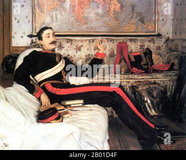 Grande-Bretagne/France : colonel Frederick Gustavus Burnaby (3 mars 1842 – 17 janvier 1885). Peinture à l'huile sur panneau par James Tissot (1836-1902), 1870. Le colonel Frederick Gustavus Burnaby était un voyageur et un soldat anglais. Il est entré aux Royal Horse Guards en 1859. Ne trouvant aucune chance pour le service actif, son esprit d'aventure a cherché des points de vente dans les ballons-ascensions et dans les voyages à travers l'Espagne et la Russie. À l'été 1874, il accompagne les forces de la Carliste comme correspondant de l'époque, mais avant la fin de la guerre, il est transféré en Afrique pour faire rapport de l'expédition de Gordon au Soudan. Banque D'Images