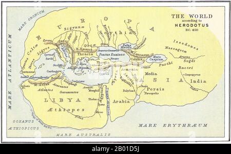 Grèce/Turquie: Carte du monde selon Herodotus (c. 484 - c. 425 BCE), ch. 450 BCE. Herodotus (grec: Hēródotos) était un historien grec ancien qui est né à Halicarnassus, Caria (aujourd'hui Bodrum, Turquie) et a vécu dans le 5th siècle BCE. Il a été appelé le « Père de l'Histoire » depuis qu'il a été le premier historien connu à recueillir ses matériaux systématiquement, à tester leur précision dans une certaine mesure et aux organiser dans un récit bien construit et vif. L'histoire - son chef-d'œuvre et son seul travail connu - est une enquête sur les origines des guerres gréco-perse. Banque D'Images