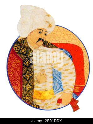 Turquie: Selim I, sultan de l'Empire ottoman (10 octobre 1470 - 22 septembre 1520). Peinture miniature, c. 1512-1520. Selim I, Yavuz Sultân Selim Khan, surnommé Yavuz 'la Stern' ou 'le Resolute', mais souvent rendu en anglais comme 'la sinistre', a été sultan de l'Empire ottoman de 1512 à 1520. Il a également été le premier sultan ottoman à assumer le titre de Calife de l'Islam. Il a reçu le titre de «Hâdim ül Haramain ish Sharifain» (serviteur des villes saintes de la Mecque et de Médina), par le Sharif de la Mecque en 1517. Selim a porté l'empire à la direction de la branche sunnite de l'Islam. Banque D'Images