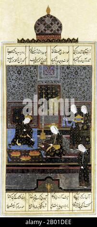 Iran/Perse: 'Bahram et la princesse indienne dans le Pavillon noir'. Folio miniature Safavide avec calligraphie de Murshid al-Shirazi (fl. 16th siècle), 1548. Bahram V était le quatorzième roi sassanide de Perse (r. 420-438). Aussi appelé Bahram Gur ou Bahramgur, il était un fils de Yazdegerd Ier, après lequel il a gagné la couronne contre l'opposition des grandees par l'aide de Mundhir, la dynastie arabe d'al-Hirah. Le bahram Gur est un grand favori dans la littérature et la poésie persanes. De nombreuses légendes ont été associées au Bahreïn. Banque D'Images