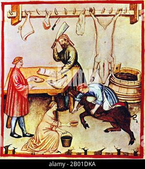 Irak/Italie: Une boucherie - boucherie de porc. Illustration de Taqwim al-sihha d'Ibn Butlan, ou « entretien de la santé », publiée en Italie sous le nom de The Tacuinum Sanitatis, 14th siècle. Le Tacuinum (parfois Taccuinum) Sanitatis est un manuel médiéval sur la santé et le bien-être, basé sur le Taqwim al-sihha, un traité médical arabe du XIe siècle par Ibn Butlan de Bagdad. Ibn Butlân est un médecin chrétien né à Bagdad et décédé en 1068. Il a exposé six éléments nécessaires au maintien de la santé quotidienne. Banque D'Images