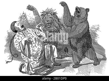 Royaume-Uni/Chine: « The Open Mouth; or, The Integrity of China », par Edward Linley Sambourne (1844-1910), Punch, 10 mai 1899. Lion britannique : « c'est bien, Johnny Chinaman. Nous sommes arrivés à un arrangement parfaitement amical. Ours russe (agréablement) : « nous allons vous envahir ». Plusieurs documents, connus sous le nom de "Traité de Tien-tsin", ont été signés à Tianjin (Tientsin) en juin 1858, mettant fin à la première partie de la deuxième guerre de l'opium (1856-1860). Le deuxième Empire français, le Royaume-Uni, l'Empire russe et les États-Unis étaient les parties en cause. Ces traités ont ouvert davantage de ports chinois aux étrangers. Banque D'Images