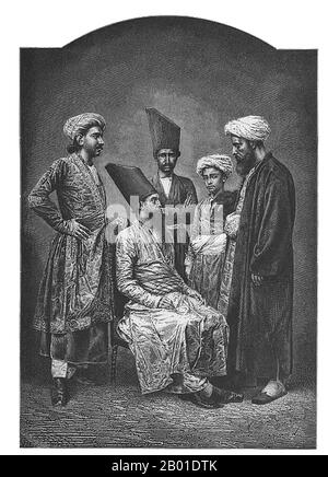 Inde: 'Parsees of Bombay'. Gravure de bois à partir d'un dessin d'Emile Antoine Bayard (1837-1891), c. 1878. L'effondrement de l'empire sassanide persan au 7th siècle EC a fait passer la religion d'État du zoroastrianisme à l'Islam. Le zoroastrianisme est lentement passé de la religion de la plupart des Iraniens à une minorité persécutée. Pour la survie de leur foi et de leur vie, un grand nombre de Zoroastriens ont choisi d'émigrer. Selon le Sanjan Qissa-i, un groupe de ces réfugiés a débarqué dans ce qui est maintenant le Gujarat, en Inde, où ils ont été autorisés à plus de liberté pour observer leurs vieilles coutumes. Banque D'Images