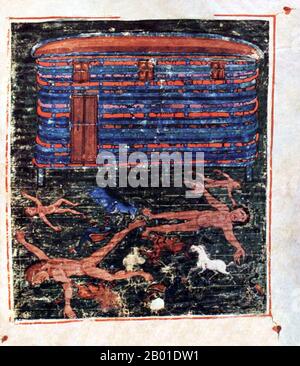 Allemagne/France: Sintflut - le déluge - le Grand déluge. Ashburneham Pentateuch manuscrit, 7th siècle. Noé (ou Noé, Noach) était, selon la Bible hébraïque, le dixième et dernier des Patriarches antediluviens. L'histoire biblique de Noé est contenue dans les chapitres 6-9 du livre de la Genèse, où il sauve sa famille et les représentants de tous les animaux de l'inondation en construisant une arche. Il est également mentionné comme le 'premier husbandman' et dans l'histoire de la malédiction de Ham. Noé fait l'objet de beaucoup d'élaboration dans les traditions abrahamiques ultérieures. Noé est également mentionné plusieurs fois dans le Coran Banque D'Images