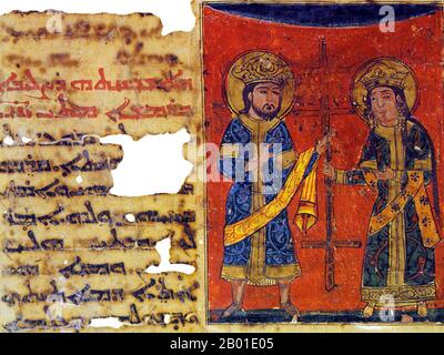 Chine/Asie centrale: St Constantine et Sainte-Hélène représentées dans un manuscrit de Nestorian Syriac, vers 5th-6th Century ce. Sainte-Hélène (latin : Flavia Iulia Helena Augusta), également connue sous le nom de Sainte-Hélène, Helena Augusta ou Helena de Constantinople (vers 246/50 – 18 août 330), fut la consort de l'empereur Constantius, et la mère de l'empereur Constantine I. Elle est traditionnellement créditée de trouver les reliques de la vraie Croix, avec laquelle elle est invariablement représentée dans l'iconographie chrétienne. Banque D'Images