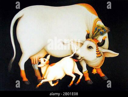 Inde: Une représentation commune d'une vache sainte - souvent décrite comme 'la vache de Krishna' - et d'un veau, 20th siècle. Les bovins sont considérés comme sacrés dans diverses religions du monde, notamment l'hindouisme, le jaïnisme, le bouddhisme, le zoroastrianisme ainsi que les religions de l'Égypte ancienne, de la Grèce antique et de la Rome antique. Dans certaines régions, en particulier en Inde, l'abattage des bovins peut être interdit et leur viande peut être tabou. Dans l'hindouisme, le Kamadhenu, la miraculeuse 'vache d'abondance' et la 'autre de vache' sont considérés comme représentant la vache sacrée générique, considérée comme la source de toute prospérité. Banque D'Images