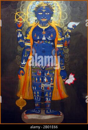 Inde: Vishnu comme Vishvarupa. Aquarelle, Jaipur, Rajasthan, c. 1800-1820. Vishnu (Sanskrit विष्णु Viṣṇu) est le Dieu suprême dans la tradition vaishnavite de l'hindouisme. Les disciples de Smarta d'Adi Shankara, entre autres, vénèrent Vishnu comme l'une des cinq formes primaires de Dieu. Vishnu comme l'homme cosmique (Vishvarupa) est représenté ici avec quatre bras, chacun tenant un de ses attributs: Une coquille de conch, une fleur de lotus, un mace et sa baguette circulaire, appelé Sudarshana chakra (signifiant «beau disque»). Les petites figures de tout son corps se réfèrent à son rôle comme l'homme universel qui englobe tout. Banque D'Images