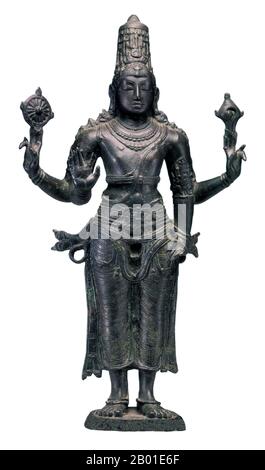 Inde: Statue de Vishnu debout, Tamil Nadu, ère Chola, c. 990 ce. Vishnu (Sanskrit विष्णु Viṣṇu) est le Dieu suprême dans la tradition vaishnavite de l'hindouisme. Les disciples de Smarta d'Adi Shankara, entre autres, vénèrent Vishnu comme l'une des cinq formes primaires de Dieu. Le Vishnu Sahasranama déclare le Vishnu comme Paramatma (âme suprême) et Parameshwara (Dieu suprême). Il décrit Vishnu comme l'essence omniprésente de tous les êtres, le maître - et au-delà - du passé, du présent et du futur, celui qui soutient, soutient et gouverne l'Univers et qui est à l'origine et développe tous les éléments à l'intérieur. Banque D'Images