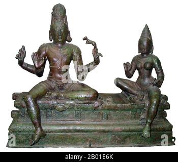 Inde : Somaskanda (Shiva et sa consort Uma), Inde du sud, dynastie Chola, 12th siècle. Photo de Quadell (licence CC BY-sa 3,0). Shiva (Sanskrit: शिव Śiva, signifiant "heureux" ) est une divinité hindoue majeure, et est le Dieu destroyer ou transformateur parmi le Trimurti, la Trinité hindoue des aspects primaires du divin. Dans la tradition Shiva de l'hindouisme, Shiva est considéré comme le Dieu suprême. Dans la tradition de Smarta, il est considéré comme l'une des cinq formes primaires de Dieu. Les adeptes de l'hindouisme qui concentrent leur culte sur Shiva sont appelés Shaivites ou Shaivas (Sanskrit Śaiva). Banque D'Images