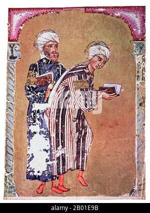 Syrie/Turquie: "Deux étudiants". Peinture miniature d'une copie syrienne de Dioscorides 'de Materia Medica', Topkapi Saray, Istanbul, 1229. Pedanius Dioscorides (v. 40-90 ce) était un médecin, un pharmacologue et un botaniste grec, l'auteur d'une encyclopédie de 5 volumes sur la phytothérapie et les substances médicinales connexes (une pharmacopée), qui a été largement lu pendant plus de mille ans. Originaire d'Anazarbus, Cilicia, il pratique à Rome à l'époque de Néron. Il était chirurgien de l'armée de l'empereur, il a donc eu l'occasion de voyager beaucoup et d'élargir ses connaissances médicales. Banque D'Images