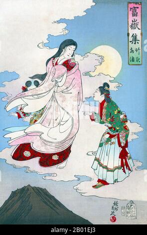 Japon : Kaguya -hime, jeune fille de lune immortelle. Imprimé en blocs de bois Ukiyo-e de Yoshu Chikanobu (1838-1912), 1891. Le plus ancien récit japonais connu, ce triste conte de fées date du 9th ou 10th siècle. Dans cette histoire, Kaguya-hime a été trouvé à l'intérieur d'une tige de bambou par un couteau de bambou, qui l'a prise à la maison et l'a élevée comme sa fille. Elle finit par revenir à son peuple sur la lune. Toyohara Chikanobu, mieux connu de ses contemporains comme Yōshū Chikanobu, était un artiste prolifique de blocs de bois de la période Meiji au Japon. Ses œuvres capturent la transition de l'âge des samouraïs à la modernité Meiji. Banque D'Images